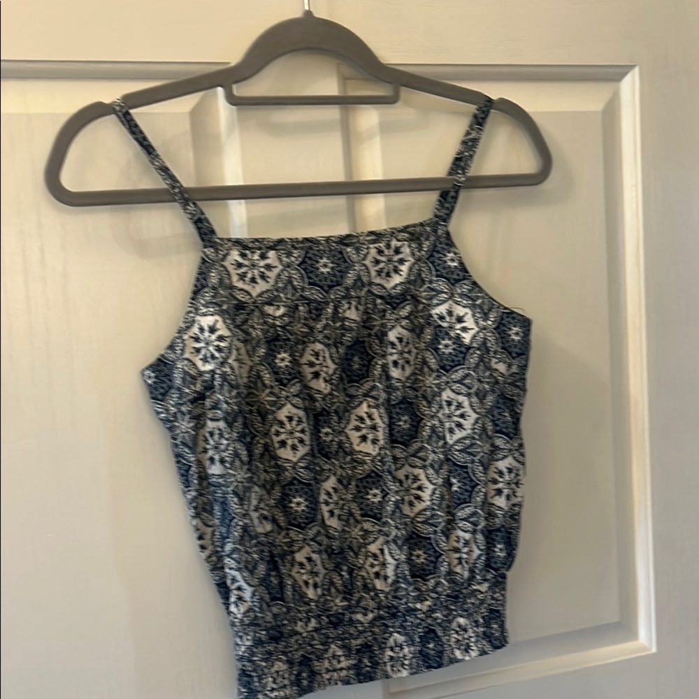 LOFT Navy and White Patterned Tank Top Size XXSP